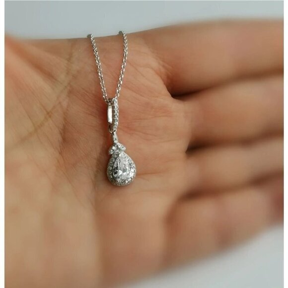 NEW Sterling silver teardrop cz Halo pendant necklace - Picture 5 of 6